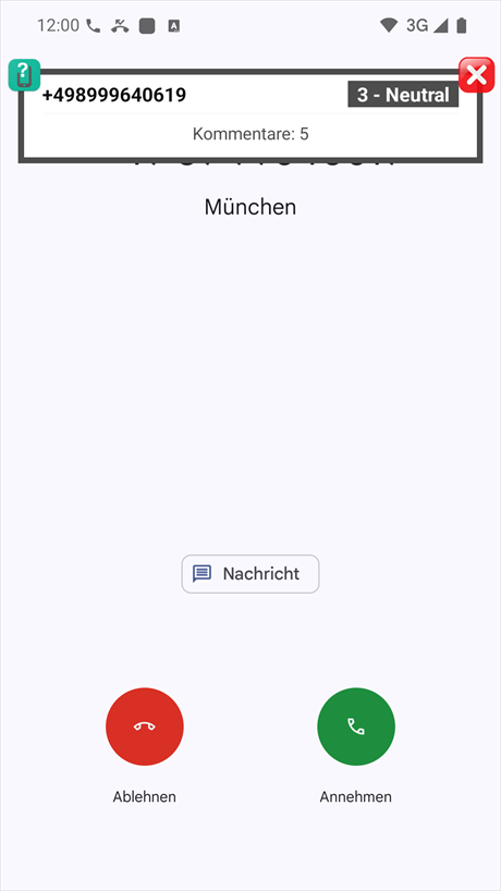 Benachrichtigung bei eingehendem Anruf (obere Position)