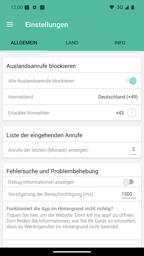Einstellung der Blockierung von Auslandsanrufen und der Liste der eingehenden Anrufe