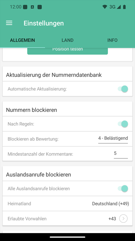 Einstellung der Datenbankaktualisierung und der Blockierung von Telefonnummern